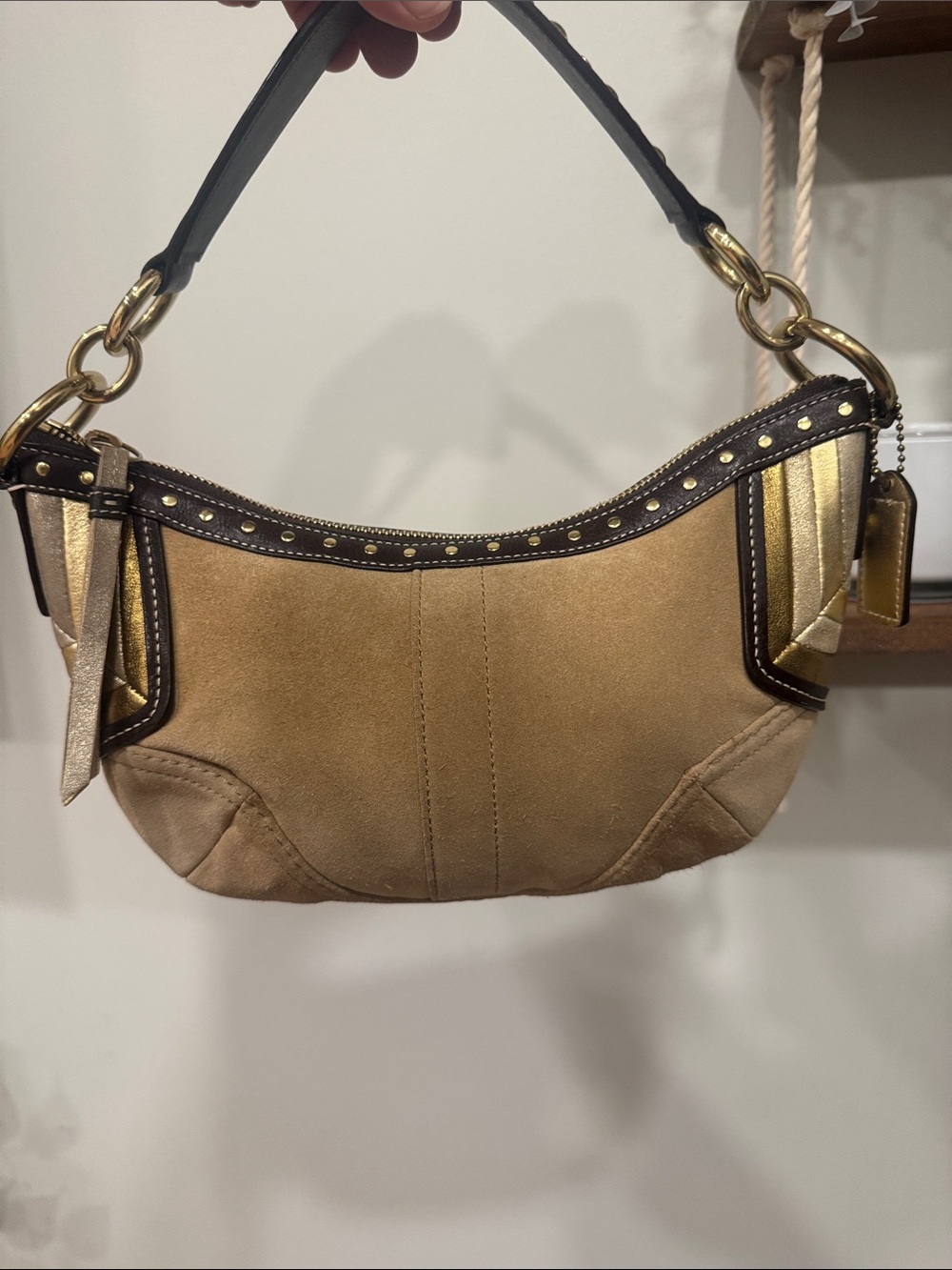 Coach Southwest Gold and Tan Suede SoHo Shoulder Bag with studs